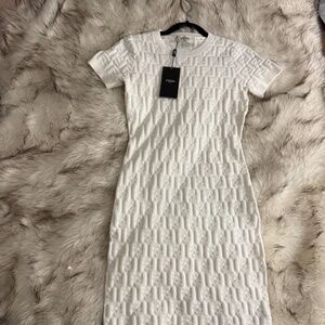 Fendi LOGO KNIT MIDI DRESS IN WHITE New